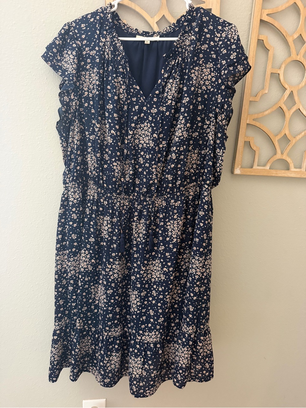 Navy Floral V-Neck Midi Dress with Ruffle Cap Sleeves